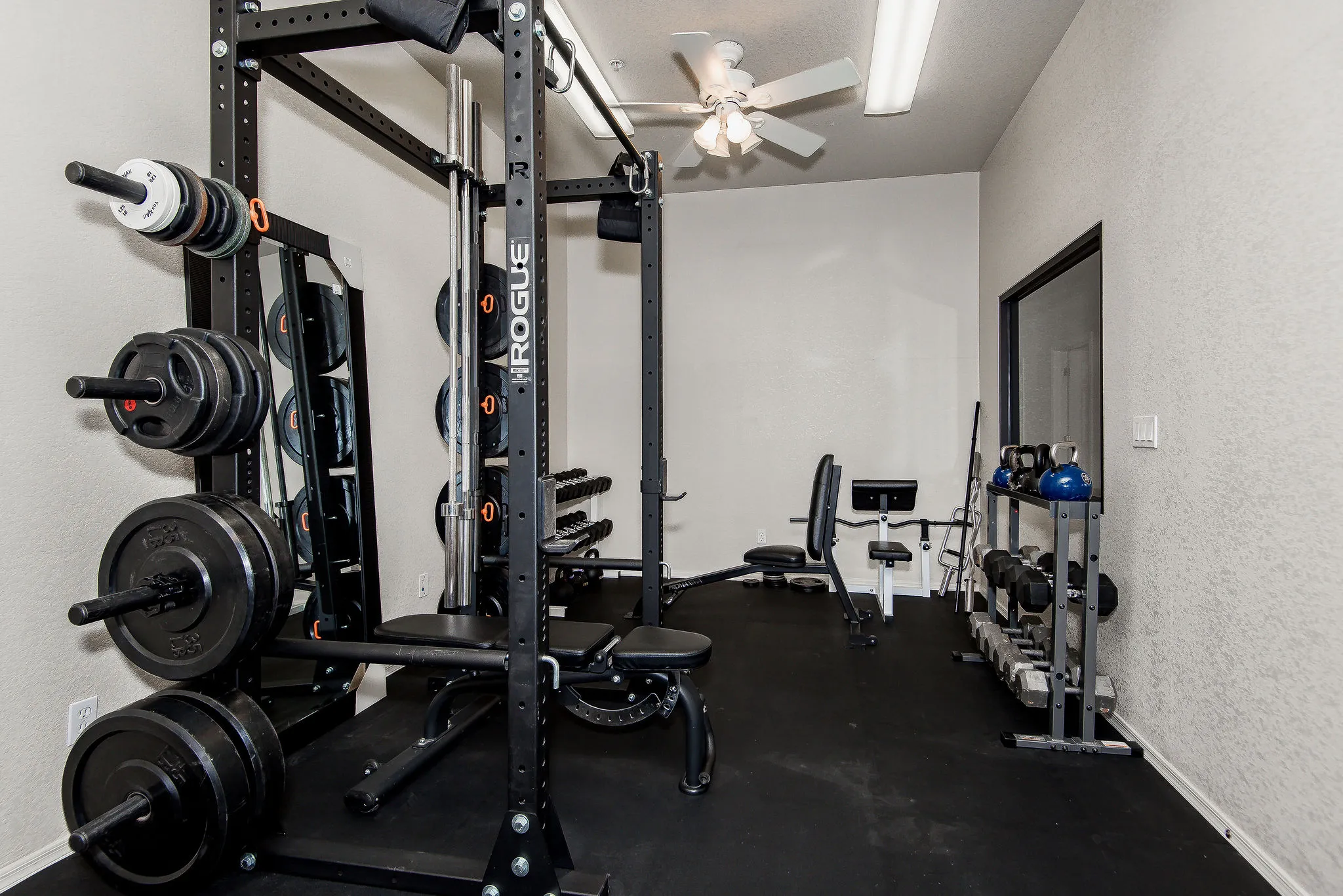 Studio view with weights and equipment